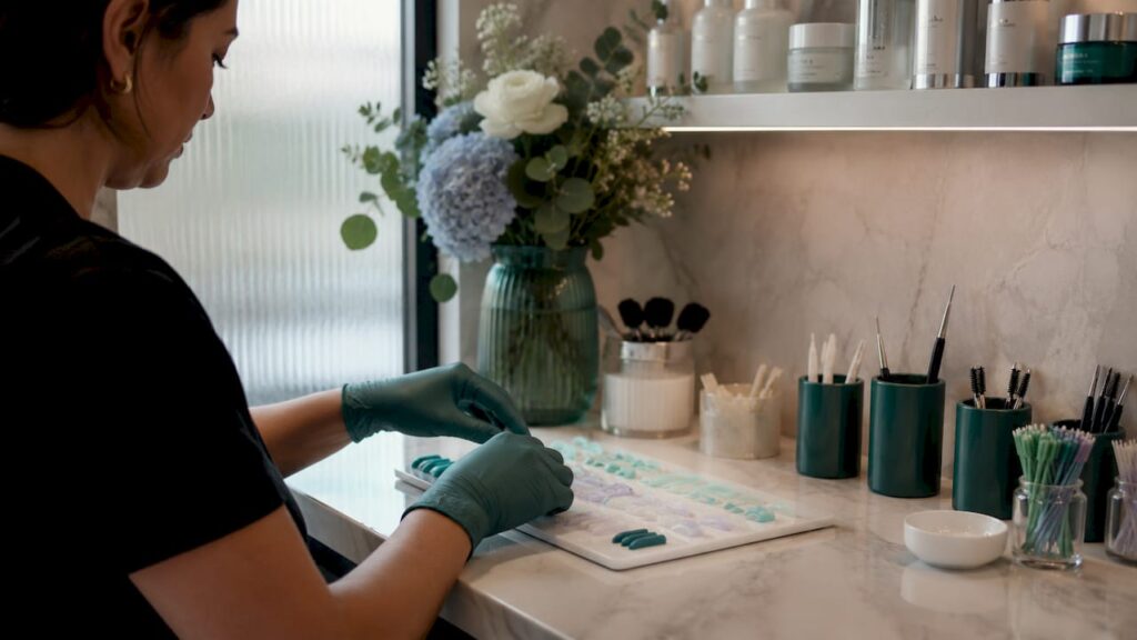 Beauty therapist arranging lash lift silicone tools
