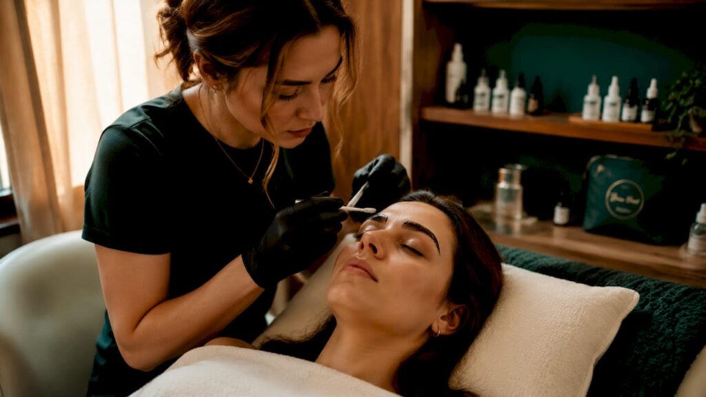 Beautician applying brow lamination solution in salon